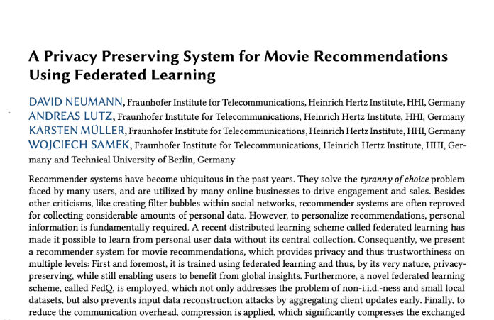 A Privacy Preserving System for Movie Recommendations Using Federated Learning